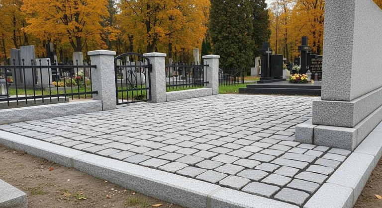 Благоустройство захоронений в Барнауле — мощение гранитной плиткой, цоколь и ограда на ухоженном участке
