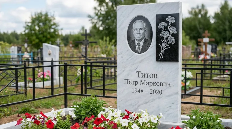 Памятник с гравировкой гвоздик — выполненная работа «Титов» в Барнауле