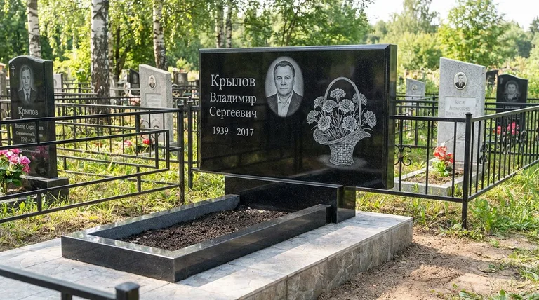 Памятник с гравировкой гвоздик — выполненная работа «Крылов» в Барнауле