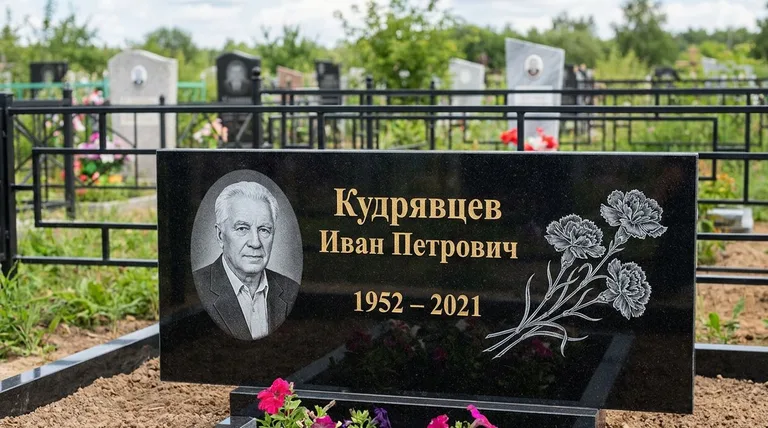 Памятник с гравировкой гвоздик — выполненная работа «Кудрявцев» в Барнауле