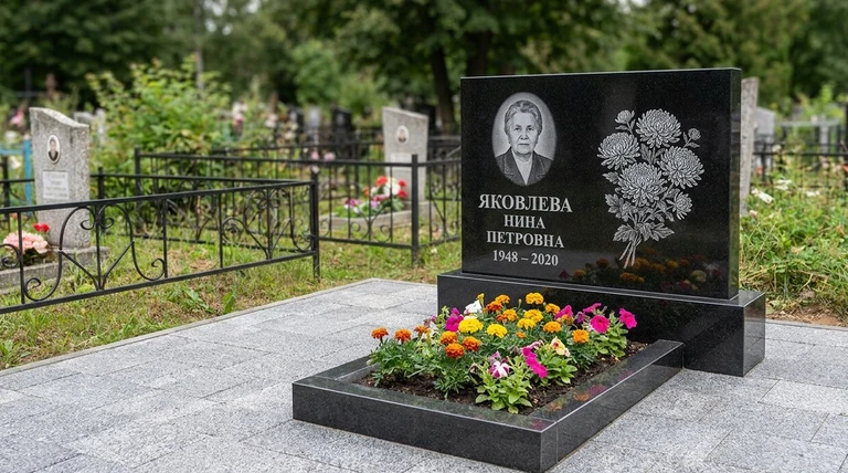 Гравировка хризантем на памятник в Барнауле — пример работы на граните