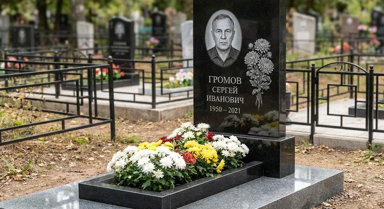 Памятник с гравировкой хризантем — выполненная работа «Громов» в Барнауле