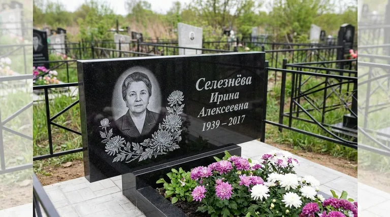 Памятник с гравировкой хризантем — выполненная работа «Селезнёва» в Барнауле