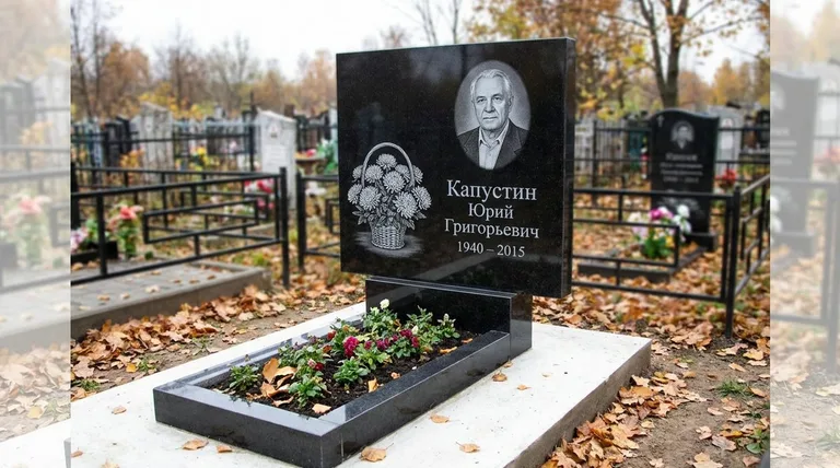 Памятник с гравировкой хризантем — выполненная работа «Капустин» в Барнауле