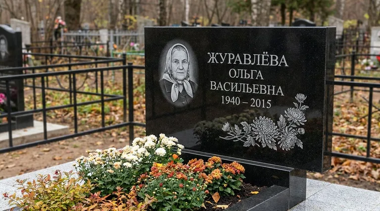 Памятник с гравировкой хризантем — выполненная работа «Журавлёва» в Барнауле