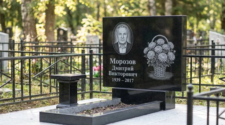 Памятник с гравировкой хризантем — выполненная работа «Морозов» в Барнауле