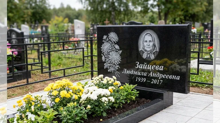 Памятник с гравировкой хризантем — выполненная работа «Зайцева» в Барнауле