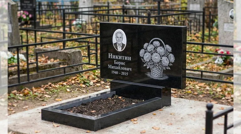 Памятник с гравировкой хризантем — выполненная работа «Никитин» в Барнауле