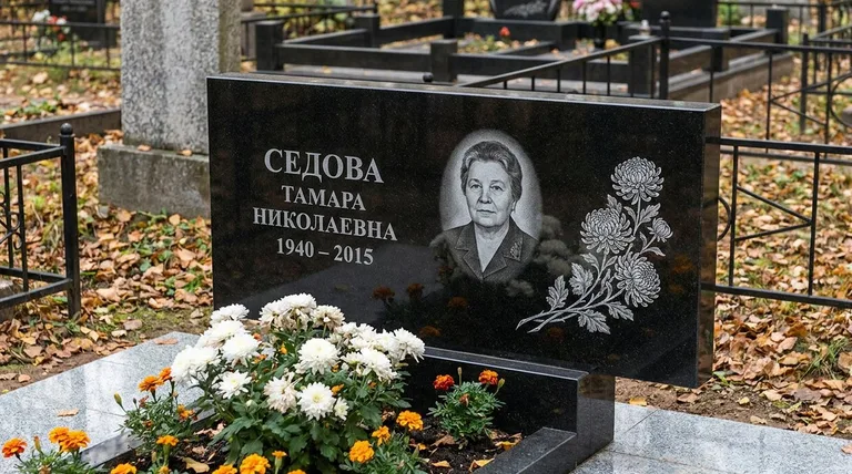 Памятник с гравировкой хризантем — выполненная работа «Седова» в Барнауле