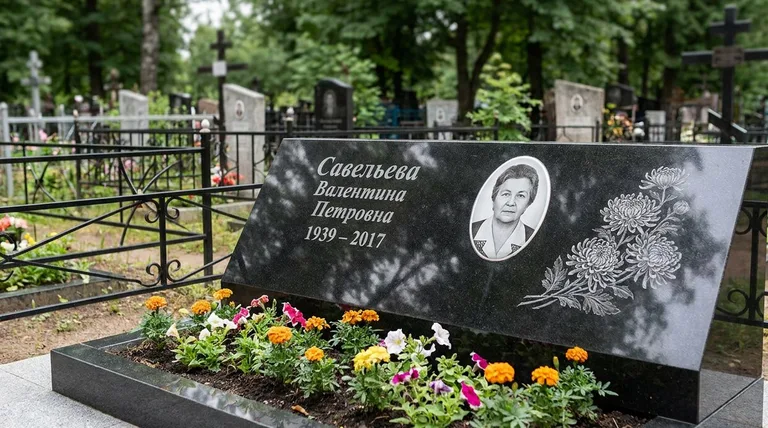 Памятник с гравировкой хризантем — выполненная работа «Савельева» в Барнауле