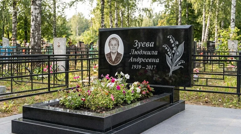 Памятник с гравировкой ландышей — выполненная работа «Зуева» в Барнауле