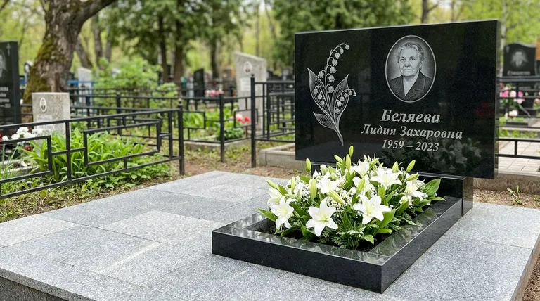 Памятник с гравировкой ландышей — выполненная работа «Беляева» в Барнауле