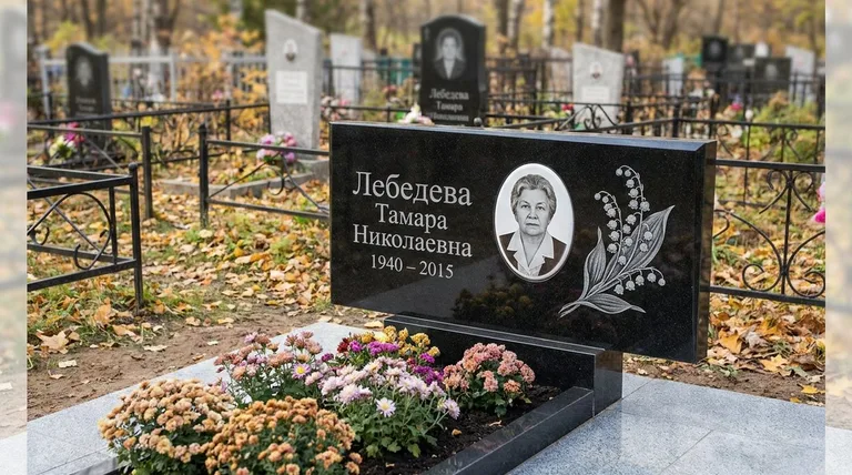 Памятник с гравировкой ландышей — выполненная работа «Лебедева» в Барнауле