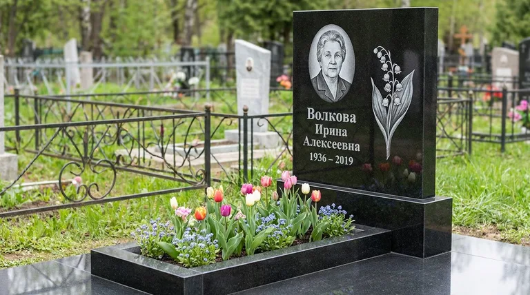 Памятник с гравировкой ландышей — выполненная работа «Волкова» в Барнауле