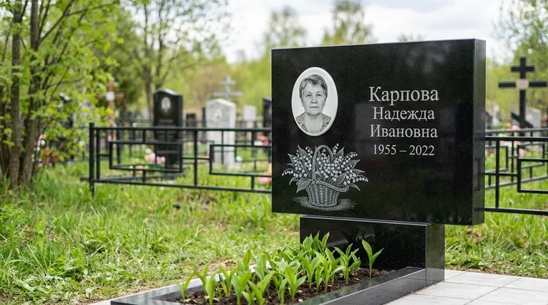 Памятник с гравировкой ландышей — выполненная работа «Карпова» в Барнауле
