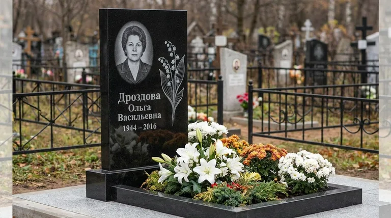 Памятник с гравировкой ландышей — выполненная работа «Дроздова» в Барнауле