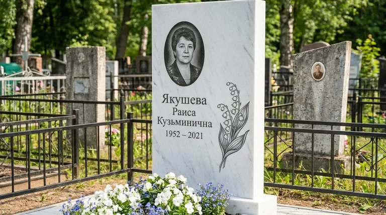 Памятник с гравировкой ландышей — выполненная работа «Якушева» в Барнауле