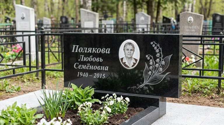 Памятник с гравировкой ландышей — выполненная работа «Полякова» в Барнауле