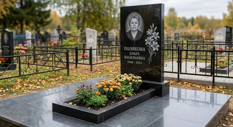 Памятник с гравировкой лилий — выполненная работа «Полякова» в Барнауле