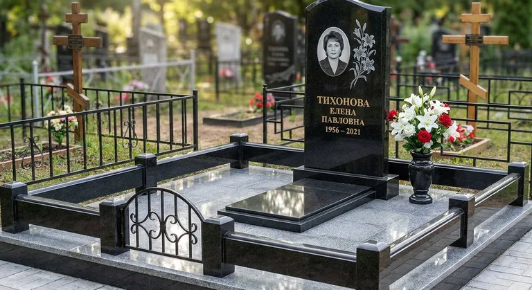 Памятник с гравировкой лилий — выполненная работа «Тихонова» в Барнауле