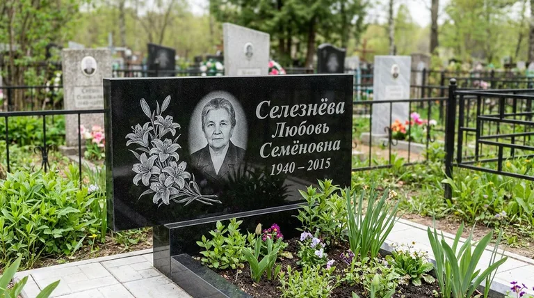 Памятник с гравировкой лилий — выполненная работа «Селезнёва» в Барнауле
