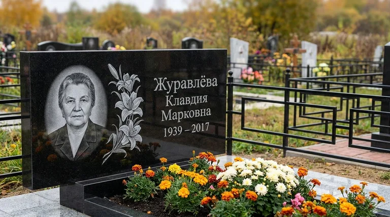 Памятник с гравировкой лилий — выполненная работа «Журавлёва» в Барнауле