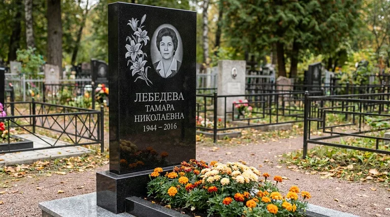Памятник с гравировкой лилий — выполненная работа «Лебедева» в Барнауле