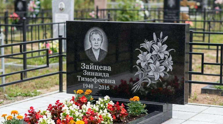 Памятник с гравировкой лилий — выполненная работа «Зайцева» в Барнауле