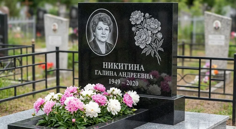Памятник с гравировкой пионов — выполненная работа «Никитина» в Барнауле