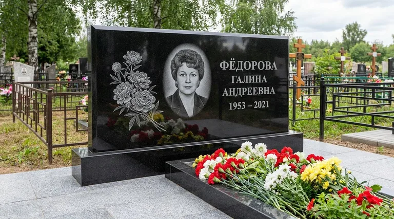 Памятник с гравировкой пионов — выполненная работа «Фёдорова» в Барнауле