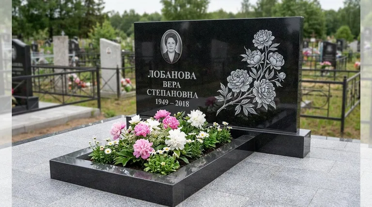 Памятник с гравировкой пионов — выполненная работа «Лобанова» в Барнауле
