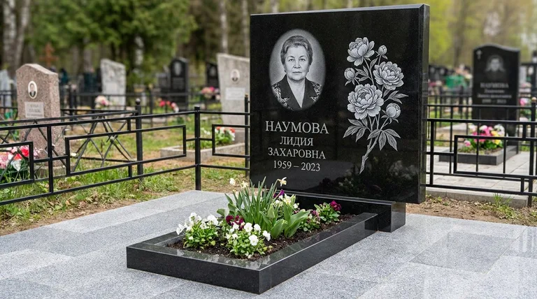 Памятник с гравировкой пионов — выполненная работа «Наумова» в Барнауле