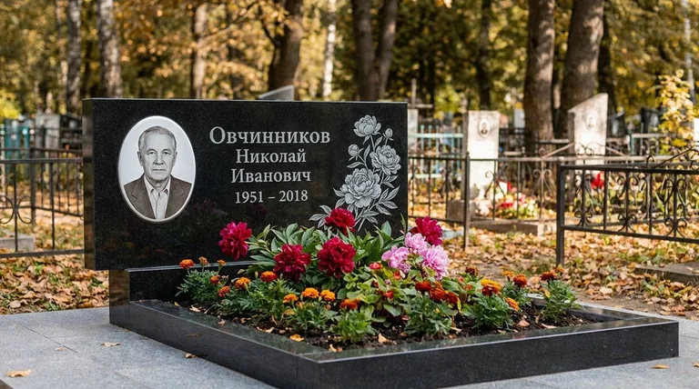 Памятник с гравировкой пионов — выполненная работа «Овчинников» в Барнауле