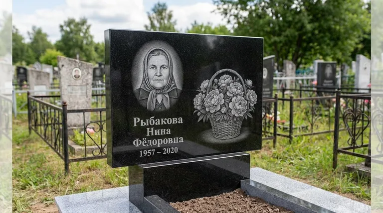 Памятник с гравировкой пионов — выполненная работа «Рыбакова» в Барнауле