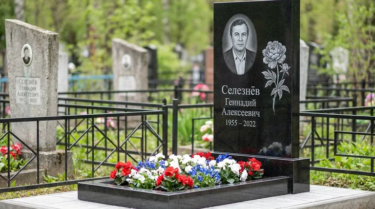 Памятник с гравировкой пионов — выполненная работа «Селезнёв» в Барнауле