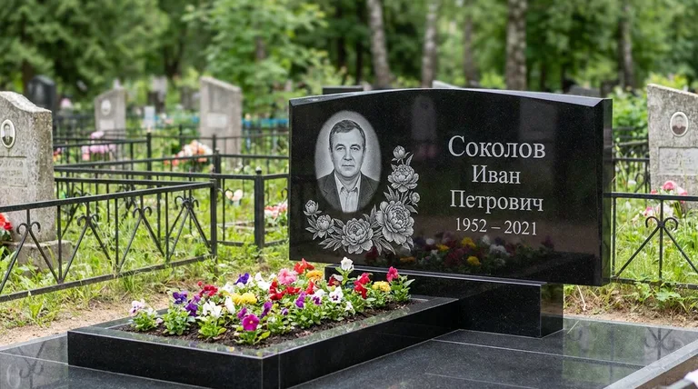 Памятник с гравировкой пионов — выполненная работа «Соколов» в Барнауле