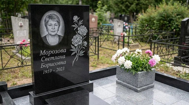 Памятник с гравировкой пионов — выполненная работа «Морозова» в Барнауле