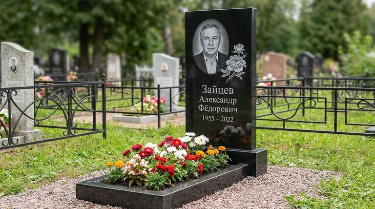 Памятник с гравировкой пионов — выполненная работа «Зайцев» в Барнауле