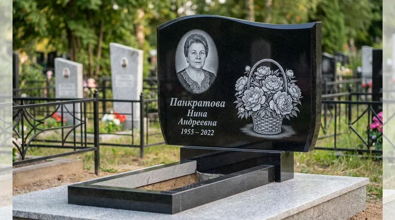Памятник с гравировкой пионов — выполненная работа «Панкратова» в Барнауле