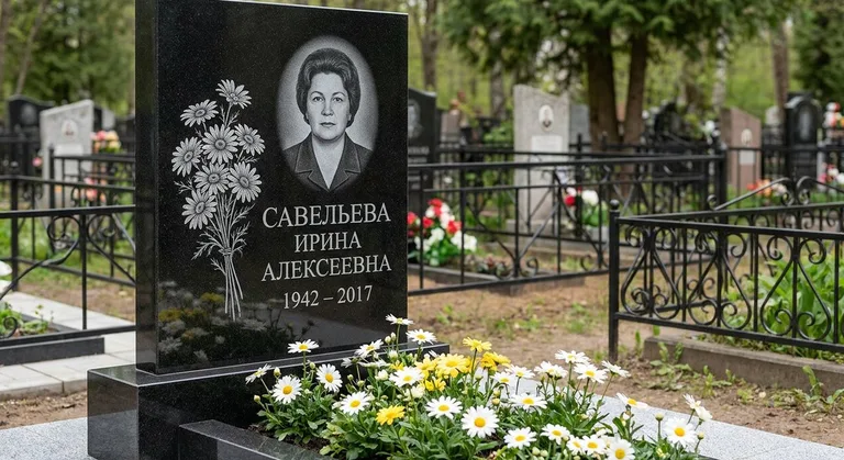 Памятник с гравировкой ромашек — выполненная работа «Савельева» в Барнауле