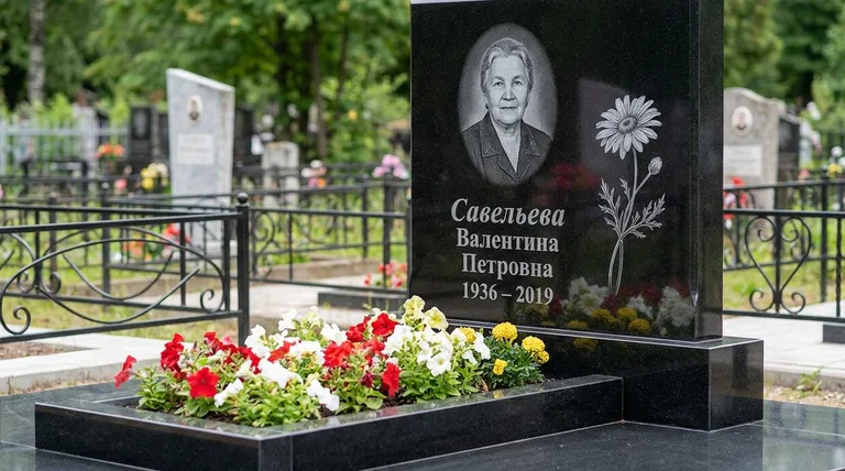 Памятник с гравировкой ромашек — выполненная работа «Савельева» в Барнауле