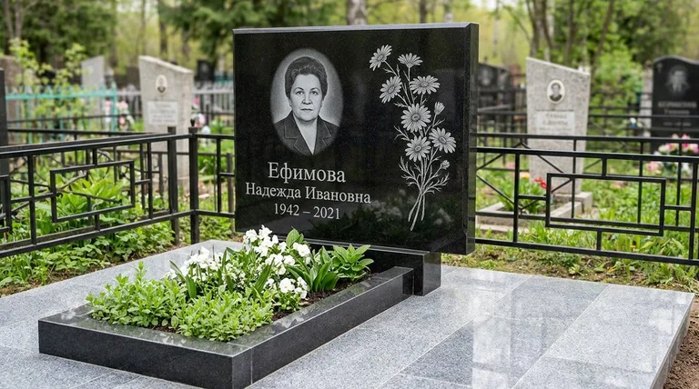 Памятник с гравировкой ромашек — выполненная работа «Ефимова» в Барнауле