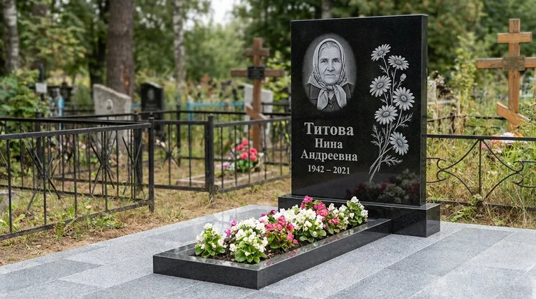 Памятник с гравировкой ромашек — выполненная работа «Титова» в Барнауле