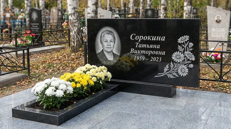 Памятник с гравировкой ромашек — выполненная работа «Сорокина» в Барнауле