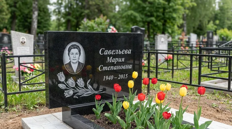 Памятник с гравировкой тюльпанов — выполненная работа «Савельева» в Барнауле