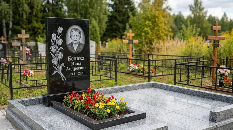 Памятник с гравировкой тюльпанов — выполненная работа «Белова» в Барнауле