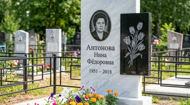 Памятник с гравировкой тюльпанов — выполненная работа «Антонова» в Барнауле
