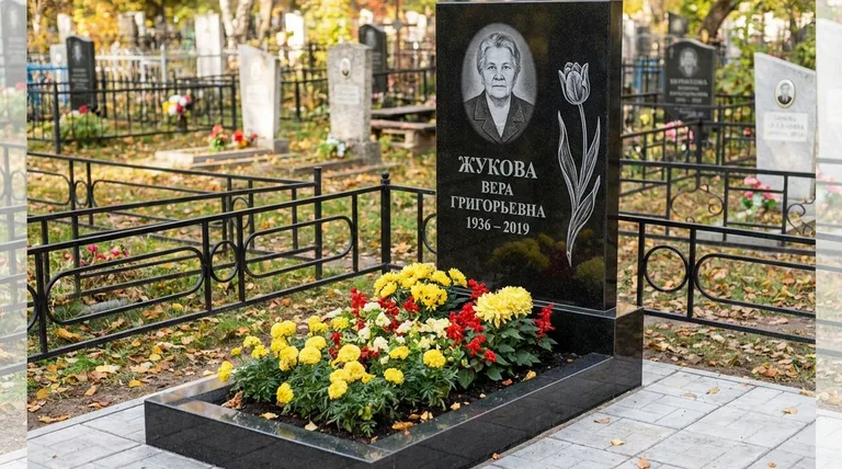 Памятник с гравировкой тюльпанов — выполненная работа «Жукова» в Барнауле