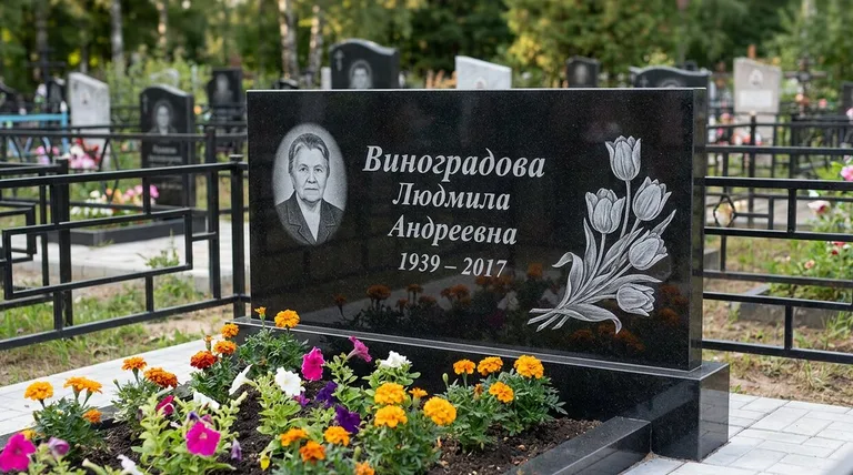 Памятник с гравировкой тюльпанов — выполненная работа «Виноградова» в Барнауле