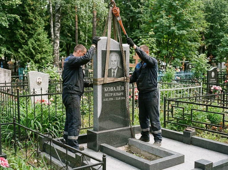 Демонтаж памятника на кладбище в Барнауле — бригада аккуратно снимает старый гранитный памятник с могилы